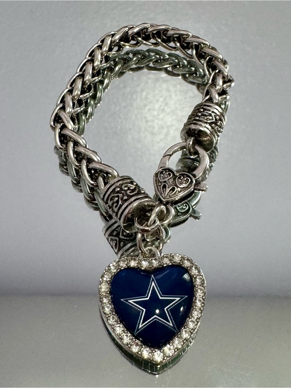 New Silver-Tone Braided Chain Bracelet with Navy Heart Star Charm